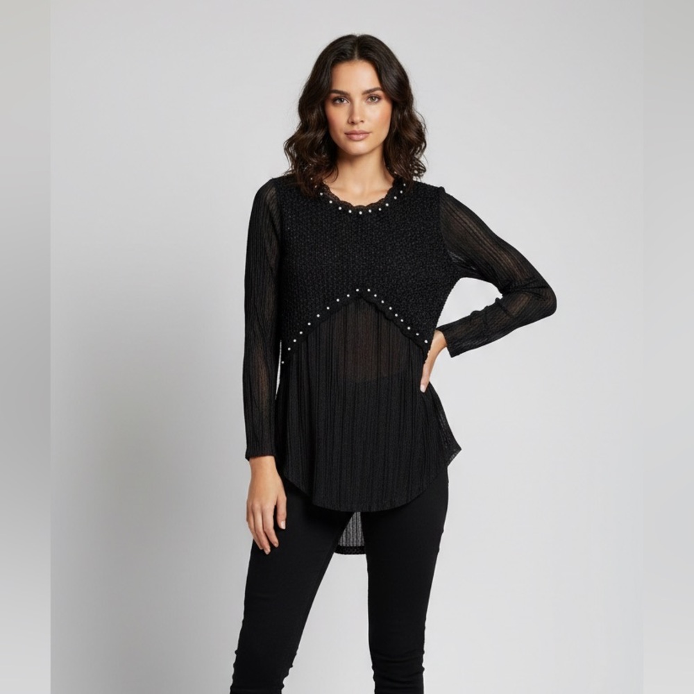 Black Sheer Tunic with Studded Detail & Liner Small *Reworked Unique Piece